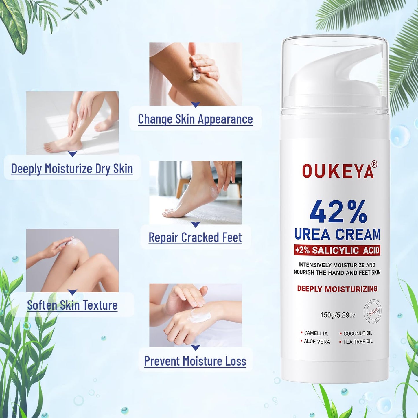 OUKEYA Urea Cream 42% plus Salicylic Acid 2% Intensive Repair Treatment for Cracked Skin on Hands, Heels, Elbows, and Lips - Relief for Dry Feet - Enhanced Pump Dispenser Packaging - Gross wt 8.03 OZ