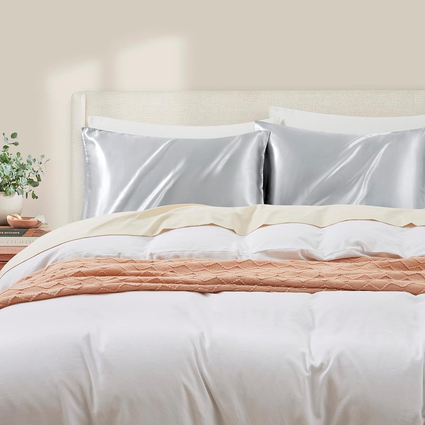 Juwenin Bedding,Luxury Satin Pillowcase with Zipper (Silky Satin Pillow Case for Hair) Set of 2 (Silver, Queen(20''x29''))