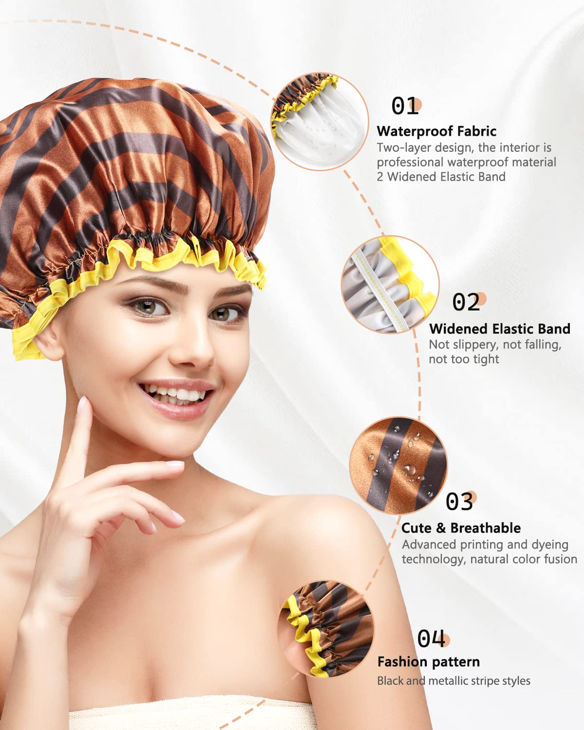 mikimini Shower Cap for Women and Men,2 Pack Double Waterproof Shower Cap for Girls and Kids, Reusable, Washable, Golden Stripes Fashionable Shower Caps Medium Pack of 2 Stripe