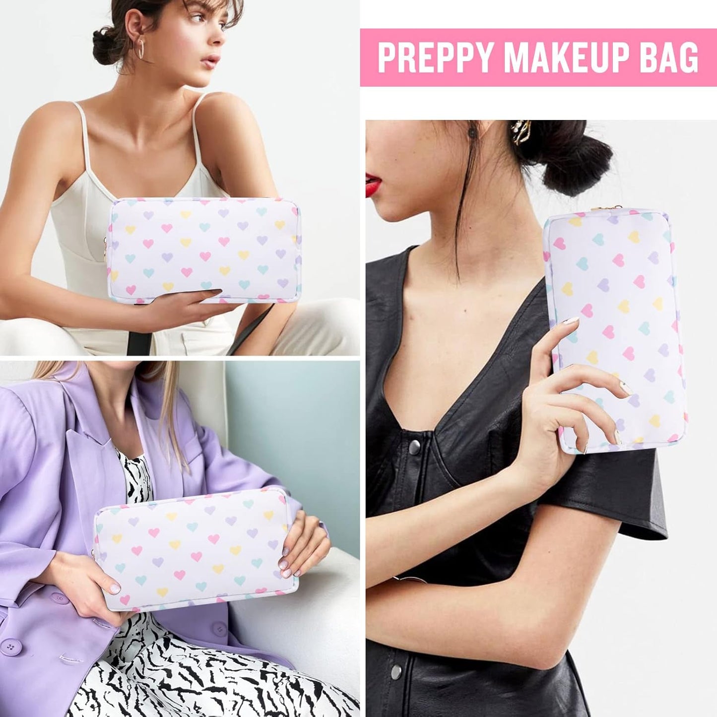 Nylon Small Makeup Bag for Purse, Cute Makeup Bag Preppy Cosmetic Zipper Pouch Purse, Waterproof Portable Travel Toiletry Bag Clutch Makeup Brush Bag Organizer Storage for Women Men Girl(White-Heart)