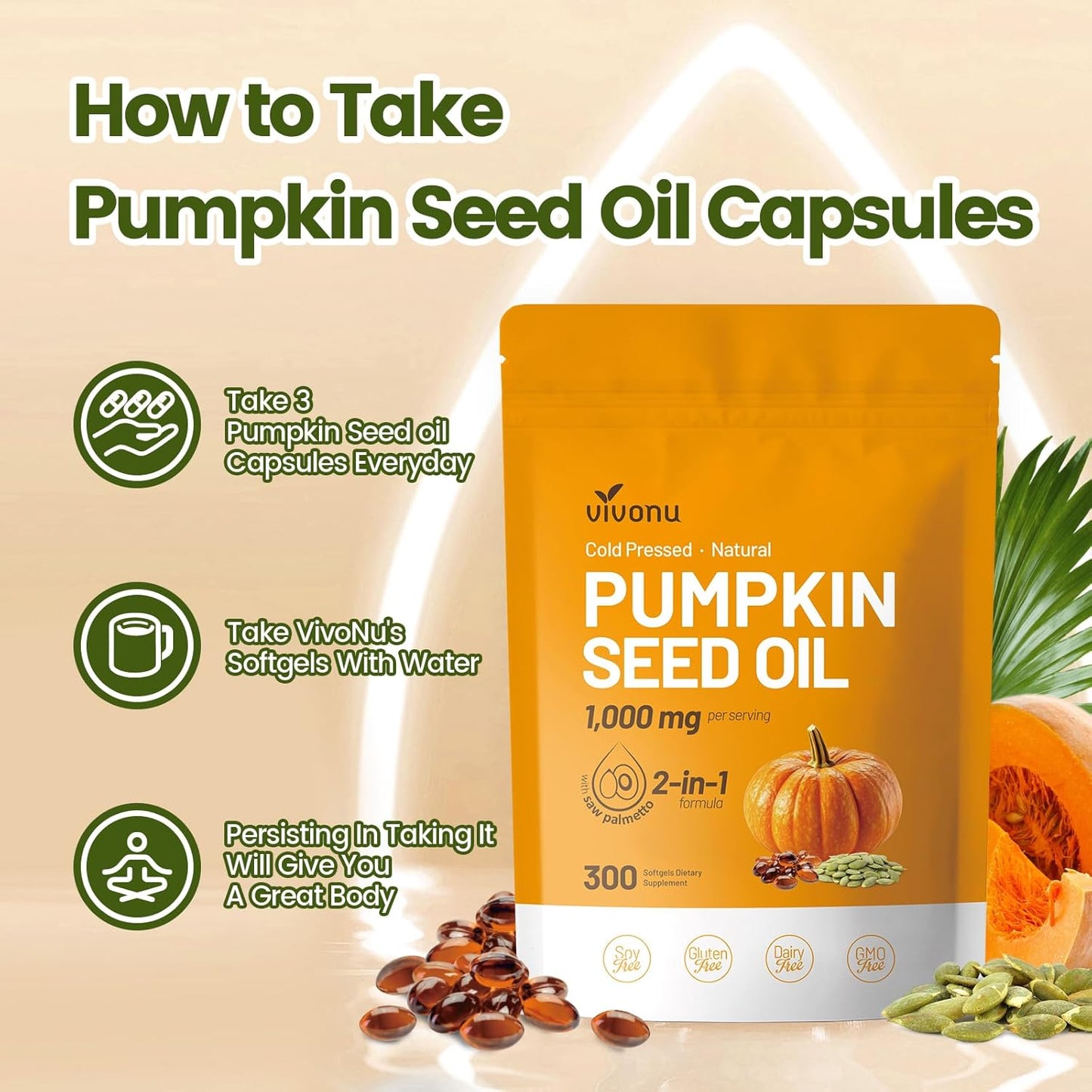Pumpkin Seed Oil with Saw Palmetto Capsules | Cold Pressed, Pure Virgin Oil, Essential Fatty Acids & Phytosterols | 300 SoftgelsSupports Hair, Urinary, Bladder & Prostate Health | Non-GMO
