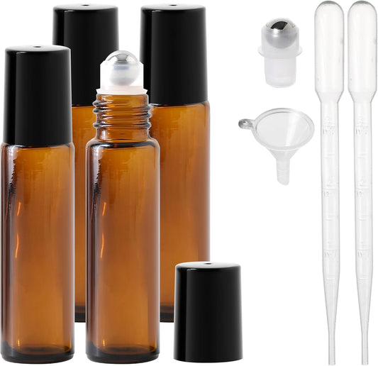 Essential Oil Roller Bottles, 10ml Thick Glass Perfume Roller Bottles with Funnel Opener and Dropper Colored Glass Empty Bottles with Stainless Steel Roller Balls (Brown - black cover, 4 Pack)