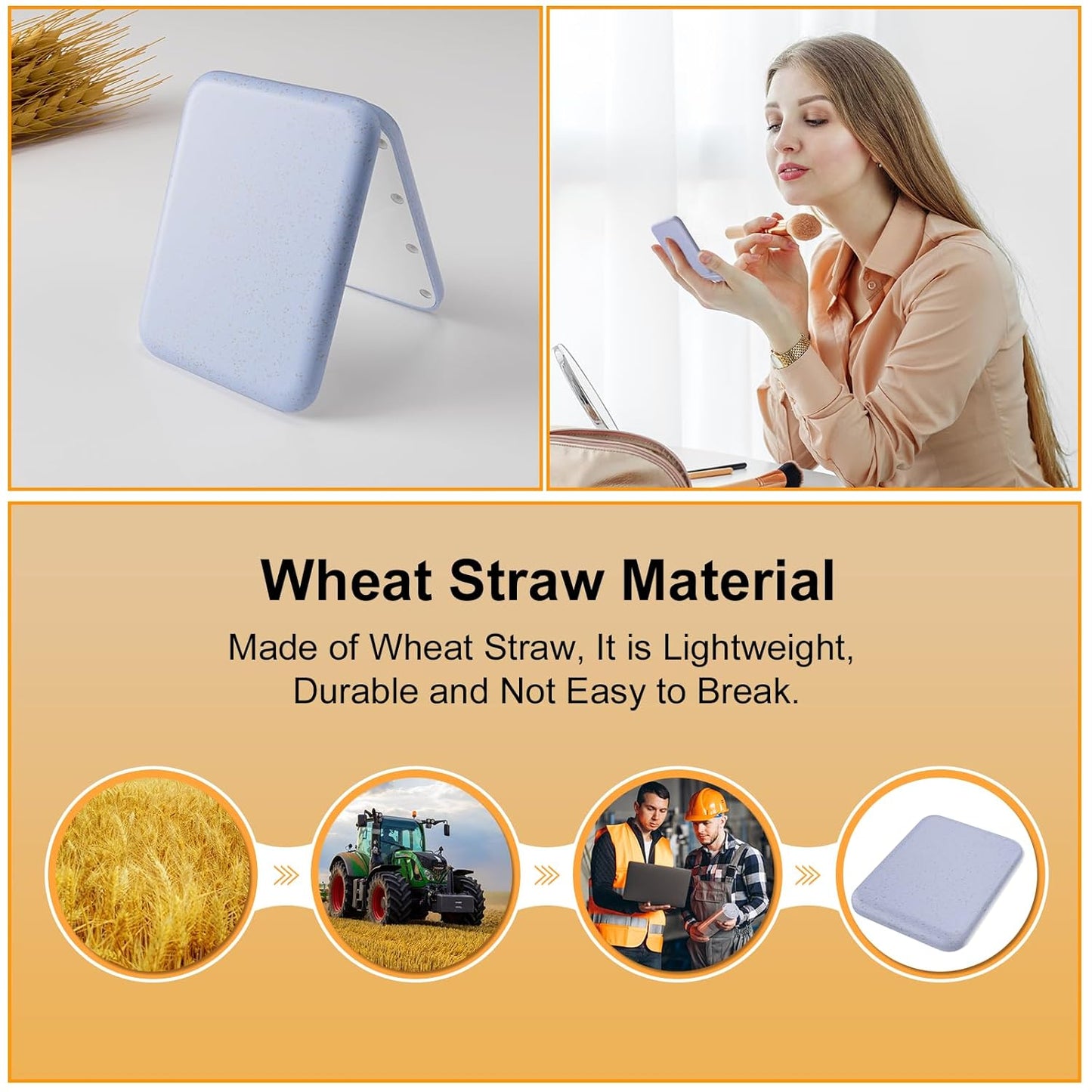 Kintion Wheat Straw Pocket Mirror, 1X/3X Magnification Travel Mirror for Purse, Folding Handheld Mirror, Small Lighted Compact Mirror for Gift, Purple