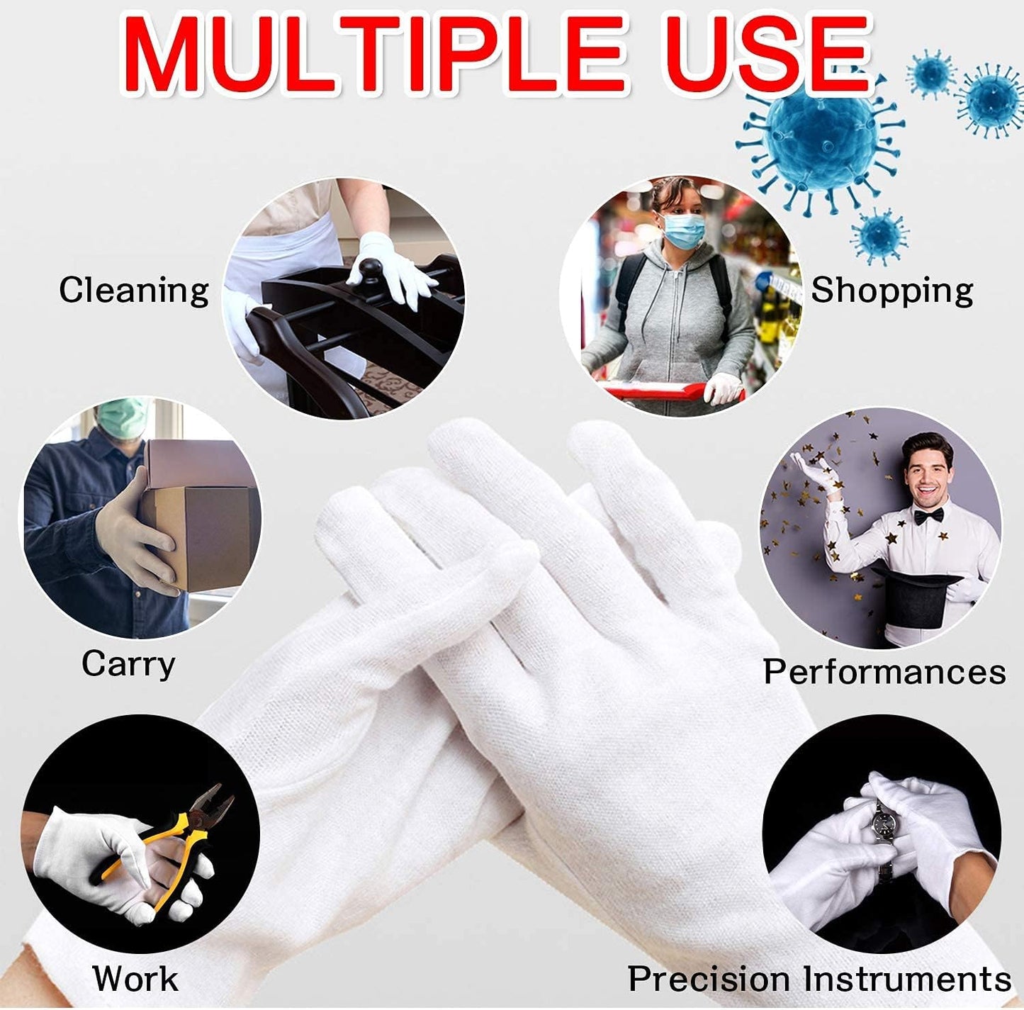 24pcs Unisex Soft White Cotton Gloves for Eczema, Moisturizing Dry Hands, Inspection (Large)