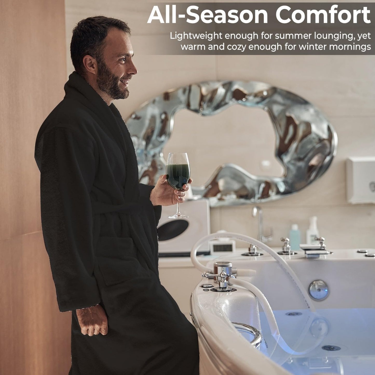 Men’s Hooded Bathrobe, 100% Cotton Terry Bathrobe, Spa Style Bath Robe, Absorbent Shower Robe, Lightweight Towel Bathrobes