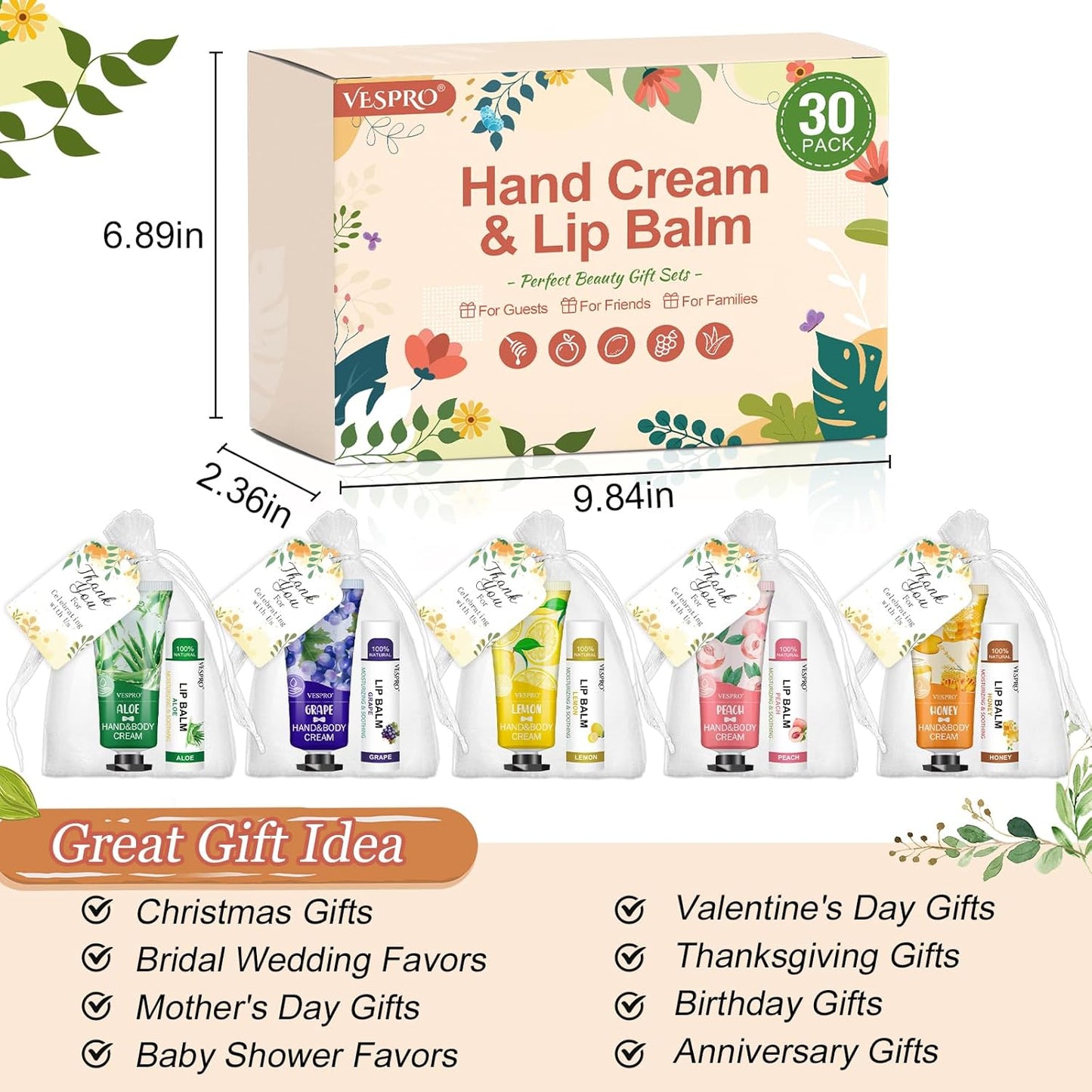 30 Sets Bulk Hand Cream and Bulk Lip Balm Gifts, Stocking Stuffers for Women, Wedding Favors for Guests with Thank You Card and Organza Bags, Christmas Gifts, Employee Appreciation Gifts