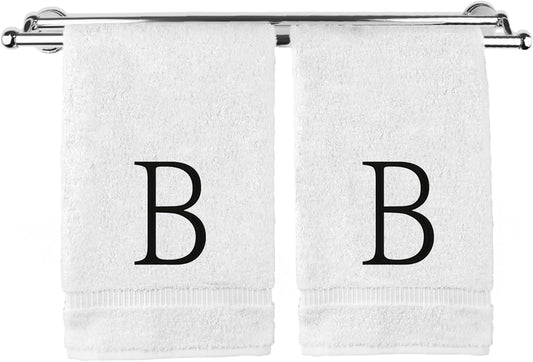 Monogrammed Hand Towel, Personalized Initial Gift, Extra Absorbent 100% Turkish Cotton - Soft Terry Finish - Set of 2 - Black Block Initial B - Embroidered on White Towels