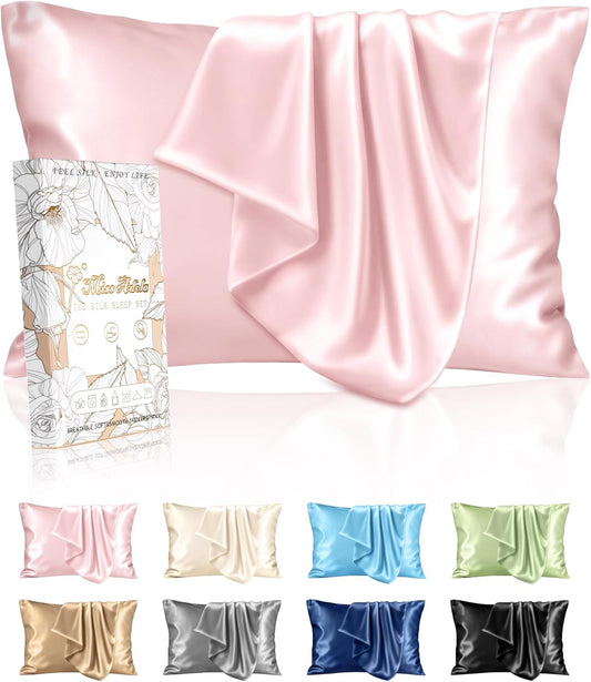 Silk Pillowcase 2 Pack - Pillow Cases Queen Set of 2 Size 20" x 30" for Hair and Skin Smooth Soft Breathable with Hidden Zipper Cooling Pillow Covers for Sleeping Women, Coral