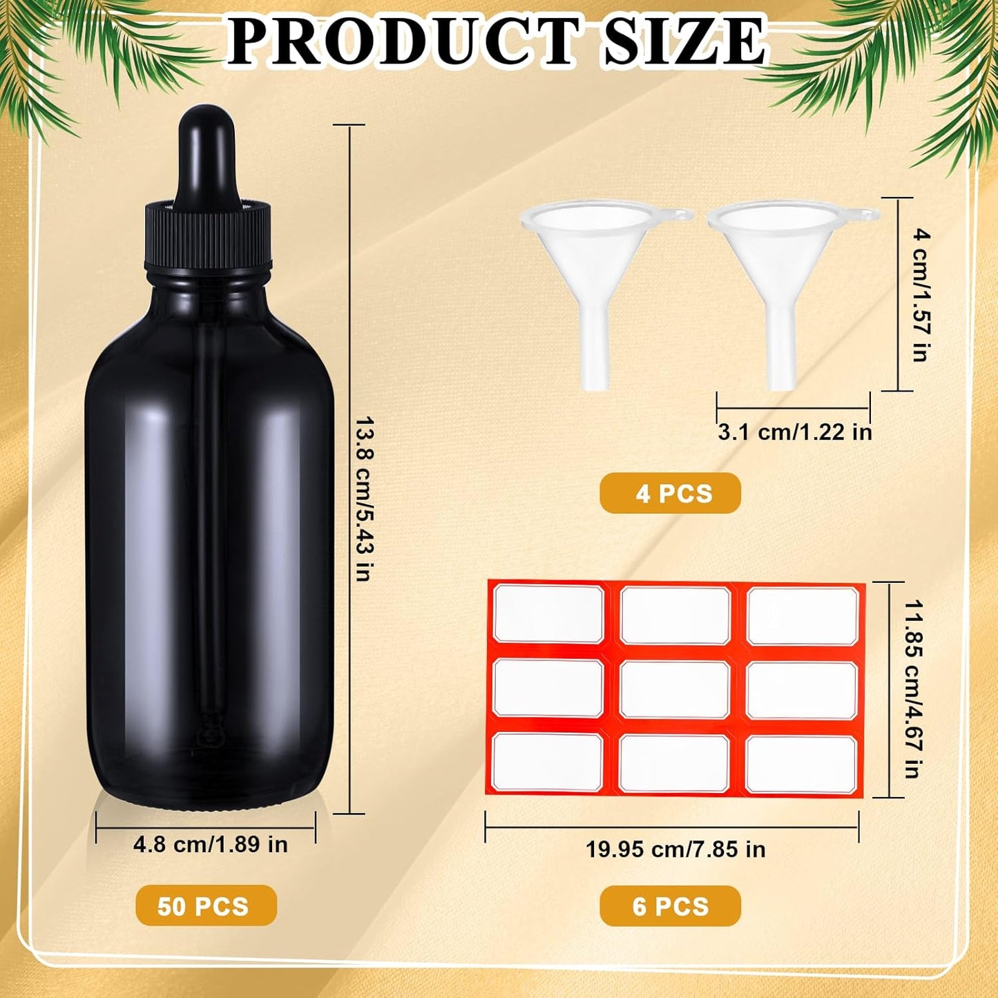 Dandat 50 Pack 4 oz Glass Dropper Bottles Leakproof 120 ml Glass Tincture Bottles with Eye Droppers, 4 Funnels, 54 Labels for Essential Oil Perfumes Hair Oil(Black)