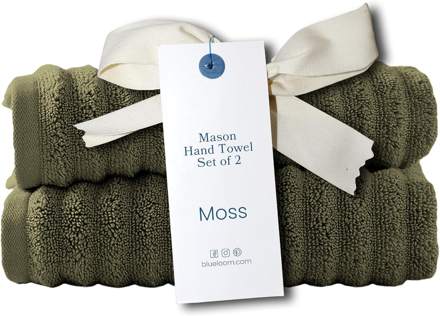 Blue Loom Ribbed Hand 2 Towels Set, 100% Cotton 600GSM, Soft Absorbent Durable Quick Drying for Bathroom - Mason 2 Piece 18" x 30" - Moss