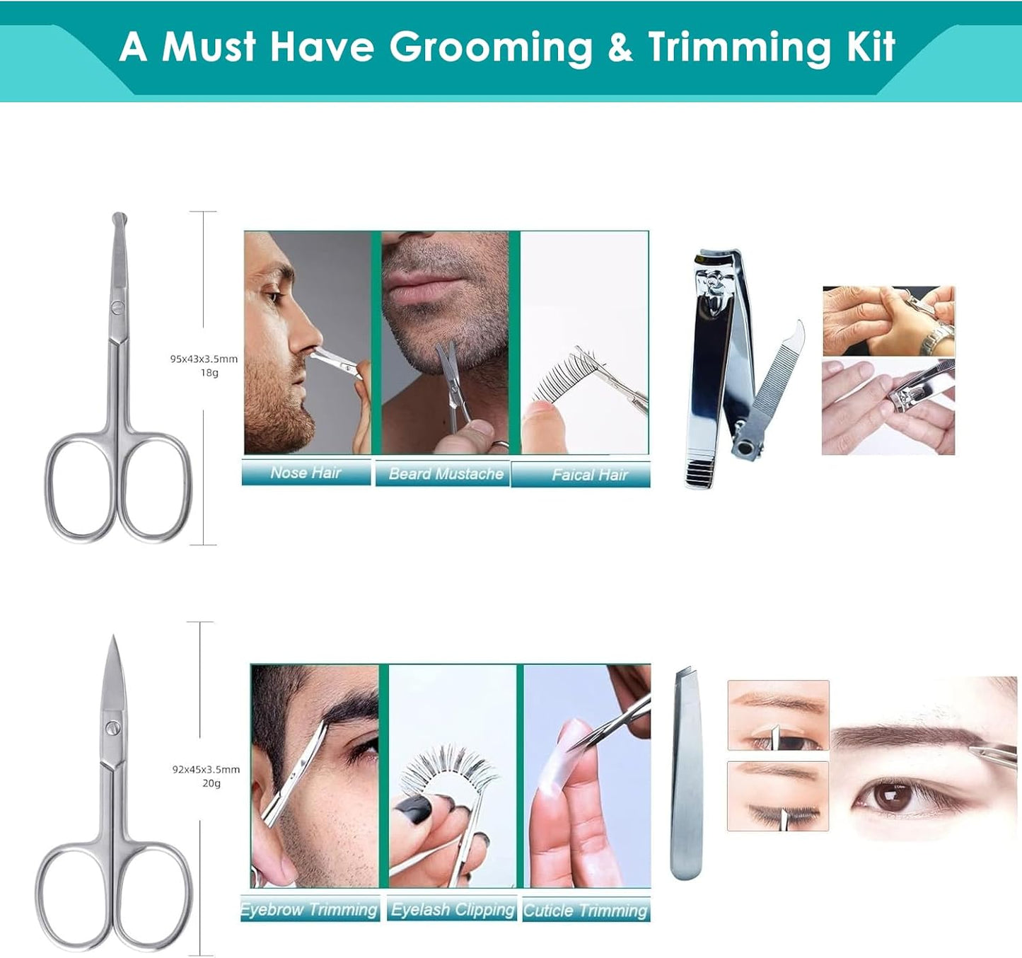 5Pcs Beauty Grooming Eyebrow Scissor Men Women Facial Nose Hair Scissor Curved Round Blunt Mustache Beard Manicure Pedicure Trimmer Set Stainless Steel Slant Tweezers Nail Clipper Pet Dog Scissor Kit