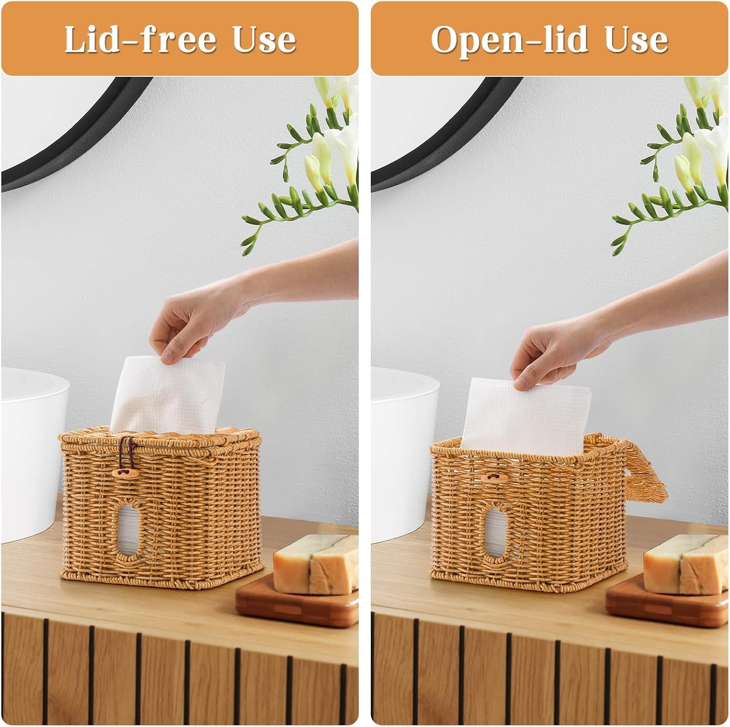 Facial Clean Skin Club Face Towels Holder for Bathroom, Plastic Rattan Disposable Face Towel Holder, Farmhouse Style for XL Face Towels Box Basket with Lid, Brown