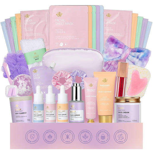 38 Pcs Skin Care Face Sheet Mask & Bath & Body Spa Gift Set for Women, Self-Care Relaxation Pampering Gift Basket, Bath Bomb, Eye Mask, Gua Sha, Face Serum, Lip Gloss, Christmas, Mother Day, Birthday