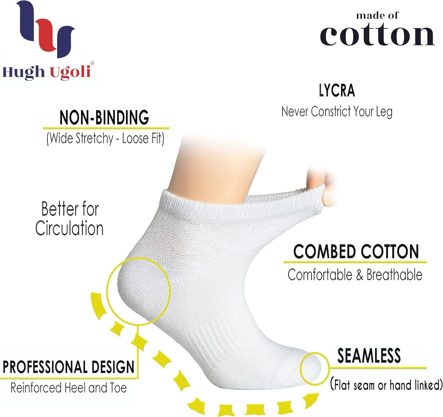 Hugh Ugoli Women's Cotton Diabetic Ankle Socks, Wide, Loose, Stretchy, Seamless Toe, Non Binding Top Semi Cushion, 3-6 Pairs
