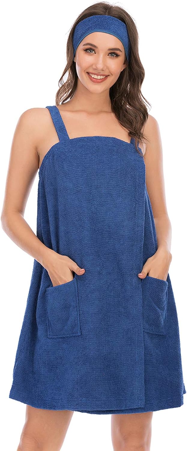 Veseacky Women Bath Wrap Towel for Womens Shower with Pocket Adjustable Spa Robe & Facial Headband