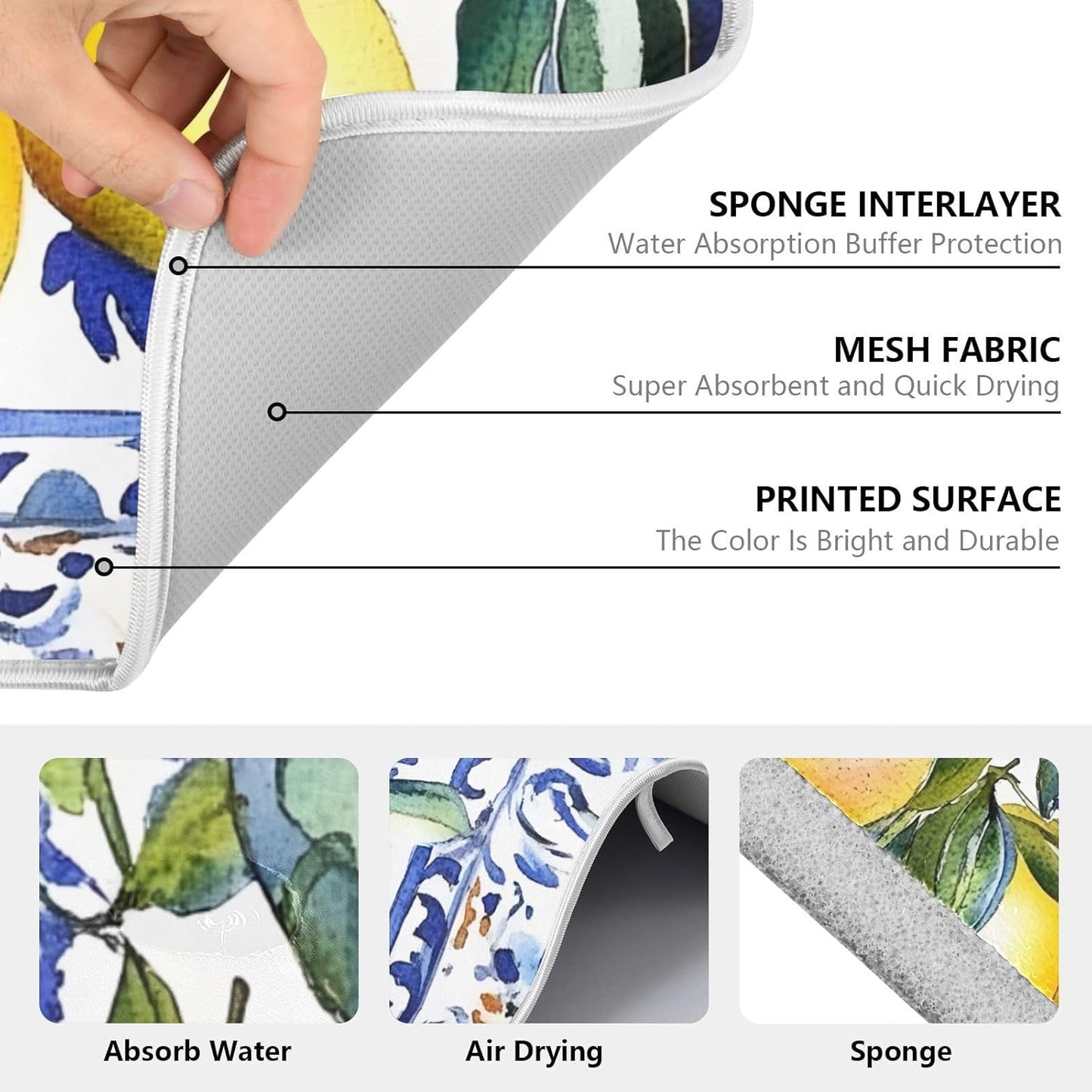 Lemon Olive Tree Italian Tile Dish Drying Mats for Kitchen Counter, 18x24 inch Drying Dishes Absorbent Microfiber Dish Drainer Mat Rack Pad Fast Dry