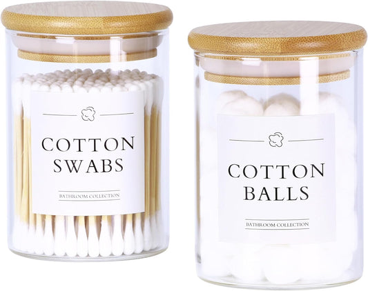 2 Pack Qtip Holder Dispenser - Glass Apothecary Jars with Lids, Cotton Ball Pad Swab Round Holder, Bamboo Bathroom Accessories, Bathroom Organizers Containers Jars Canisters with Lids
