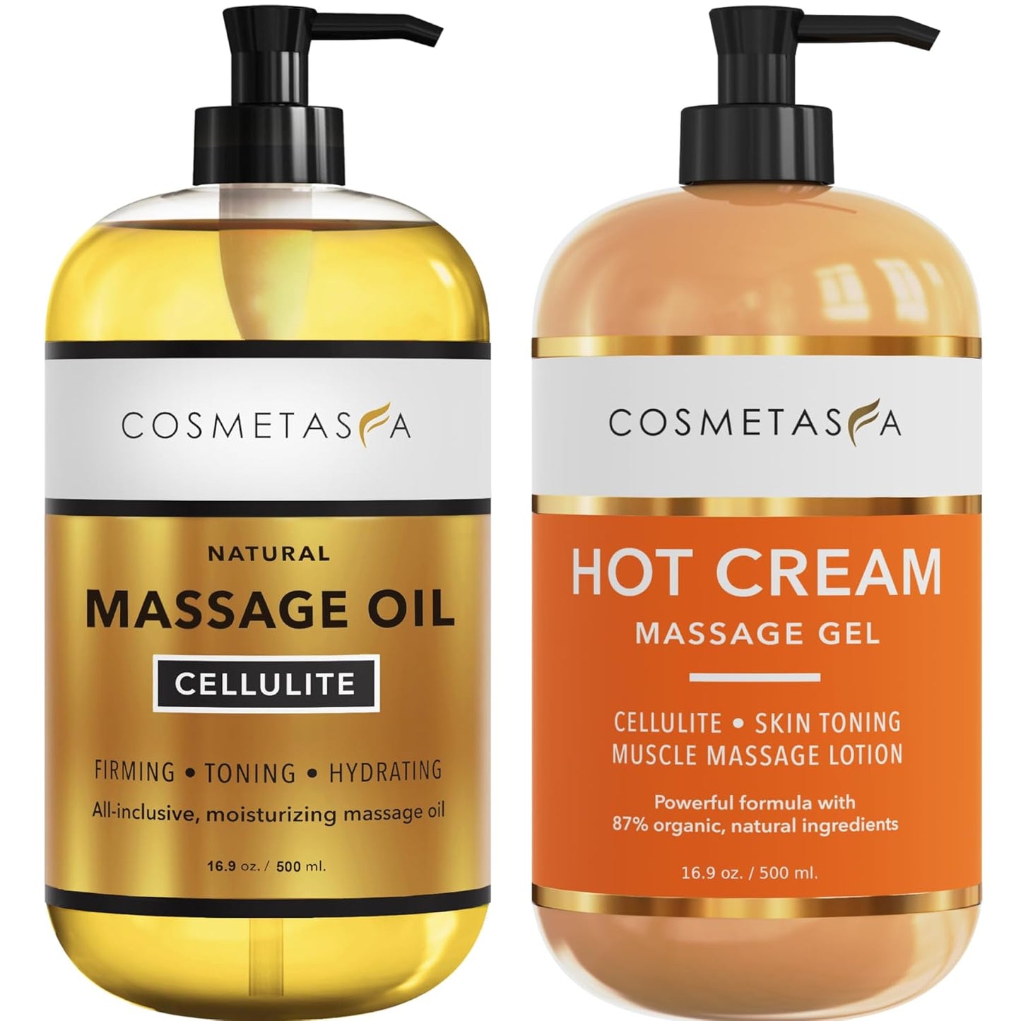 Cellulite Massage Oil & Hot Cream - 100% Natural Cellulite Oil & Gel, Highly Absorbable, Firm, Tone, Tighten & Moisturize Skin - Soothes Muscles (16.9 Fl Oz Each Bottle)