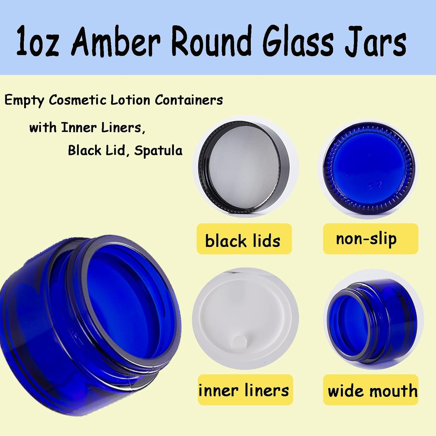 4PCS 1 oz Small Glass Jar, Empty Cosmetic Lotion Containers,with Inner Liners,Black Lid, Spatula (Blue)