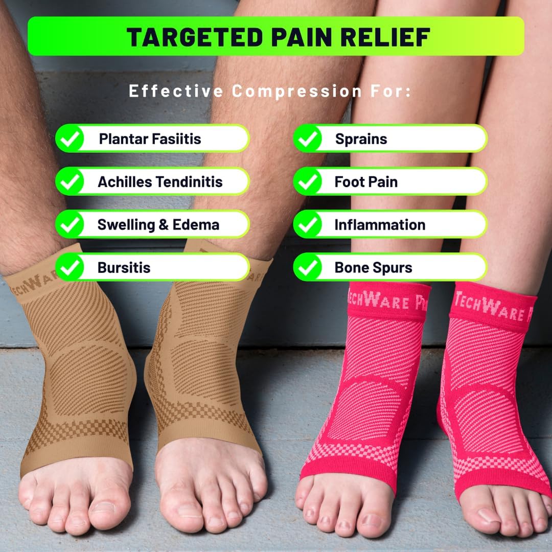 TechWare Pro Ankle Brace Compression Sleeve - Plantar Fasciitis Sock. Relieves Achilles Tendonitis. Foot Arch Support Reduces Joint Pain, Swelling & Heel Spur Pain. Injury Recovery Braces for Sports