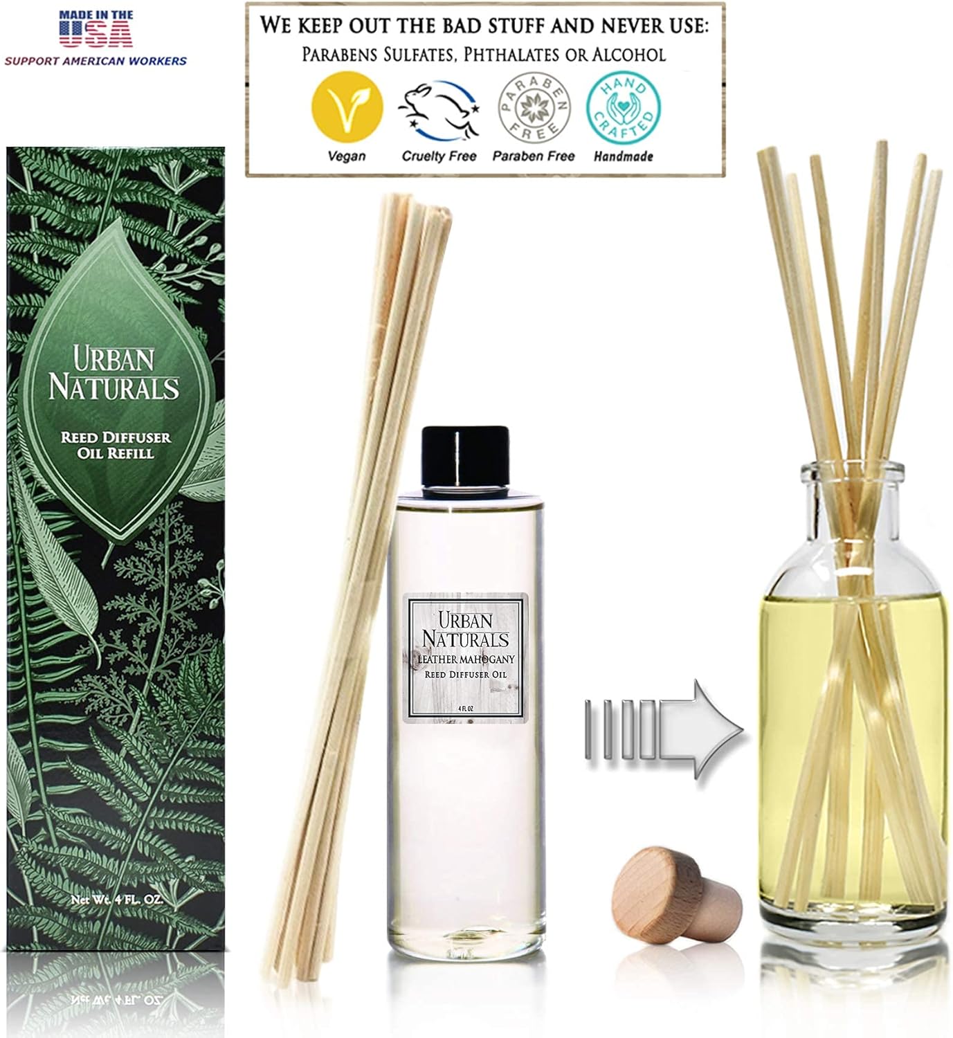 Urban Naturals Leather Mahogany Scented Oil Reed Diffuser Refill | Includes a Free Set of Reed Sticks! Masculine Blend of Smoky Bergamot, Leather, Spice, Amber and Wood – 4 oz. Made in The USA