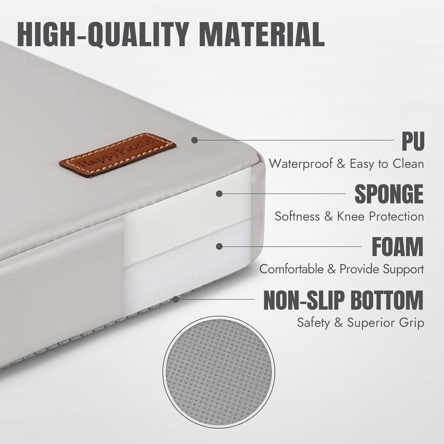 HappyPicnic Waterproof Garden Kneeling Pad - 2" Thick Soft Foam Kneeling Mat for Gardeners with Handle & Removable Cover, Knee Support for Bathing, Grey