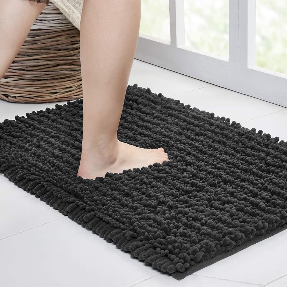 Walensee Bathroom Rug Non Slip Bath Mat (44x24 Inch Dark Grey) Water Absorbent Super Soft Shaggy Chenille Machine Washable Dry Extra Thick Perfect Absorbant Best Large Plush Carpet for Shower Floor