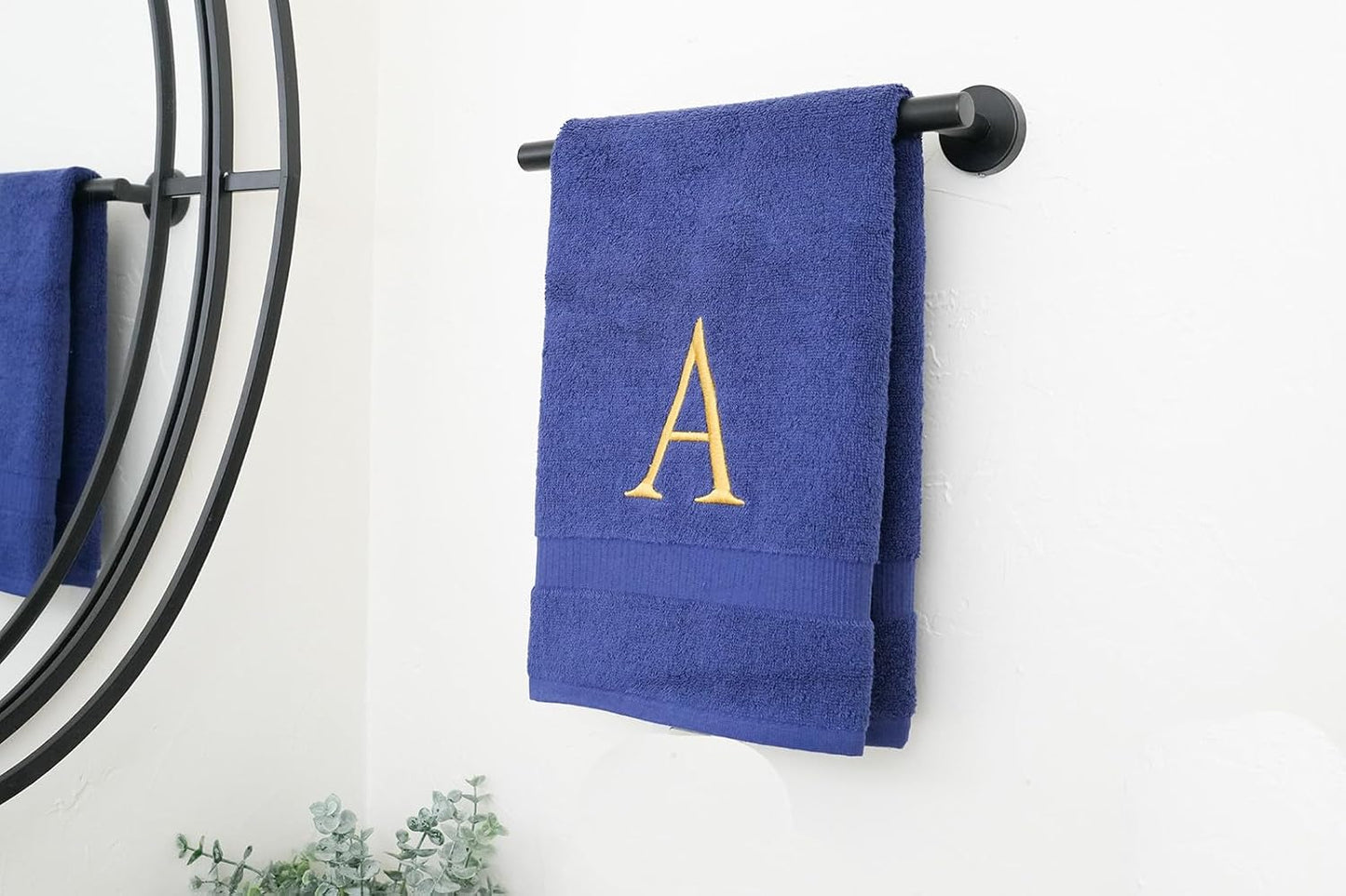Navy Monogrammed Hand Towels for Bathroom - Luxury Hotel Quality Personalized Initial Decorative Embroidered Towel for Powder Room, Spa - GOTS Organic Certified - Set of 2 Gold Letter A