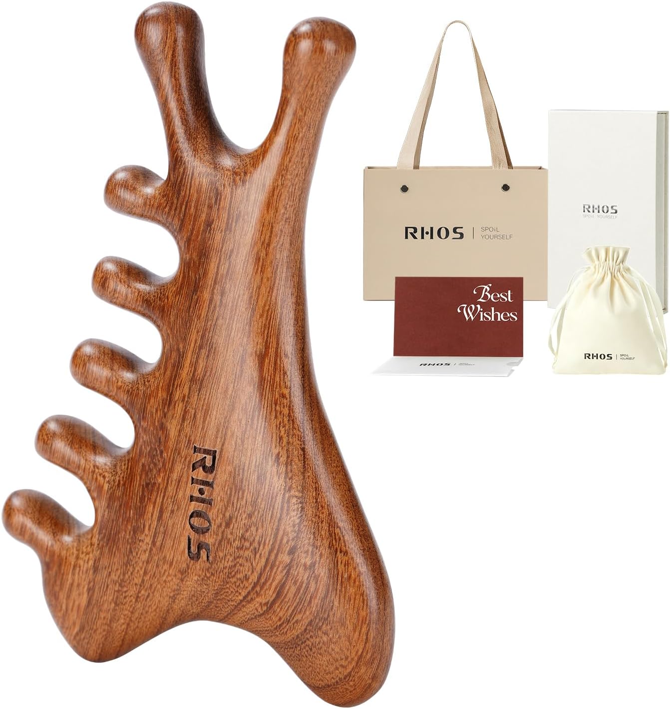 RHOS Multifunctional Wooden Gua Sha Tool｜Scalp Massager for Hair Growth｜Massage Comb for Whole Body｜Jaw Line Lifting｜Face Sculpting｜Lymphatic Drainage｜Body Massage