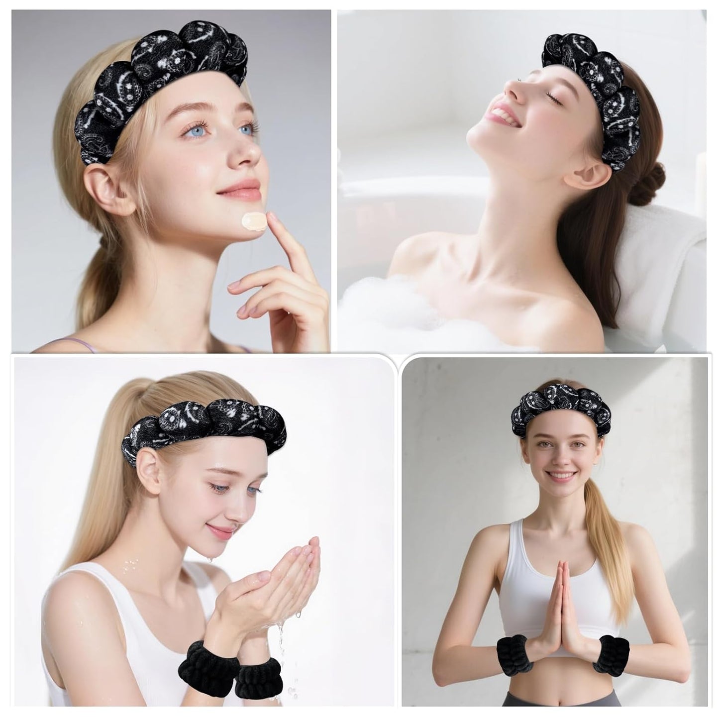 Zkptops Spa Headband for Washing Face Wristband Set Sponge Makeup Skincare Velvet Fabric Bubble Soft Get Ready Hairbands for Women Puffy Headwear Non Slip Thick Thin Hair Accessory(Black Large Nuts)