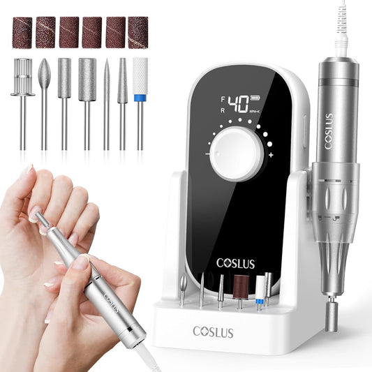 COSLUS Professional Rechargeable Electric Nail Drill 40000 RPM, Portable Nail File with Storage Stand for Acrylic Gel Polishing Removing - Easy to Use for Women, Manicure at Home DIY or Salon, White