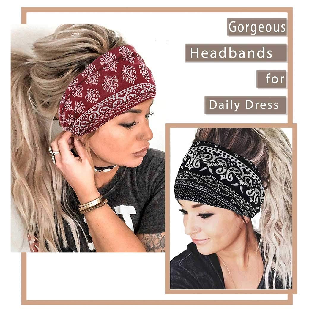 Yeshan Wide Bandana headbands for Women Boho Bandeau Headbands Knot Hair Scarf Bands Stretch Floral Printed Non Slip Headbands Elastic Turban Head Wraps Thick African Headbands,Pack of 6