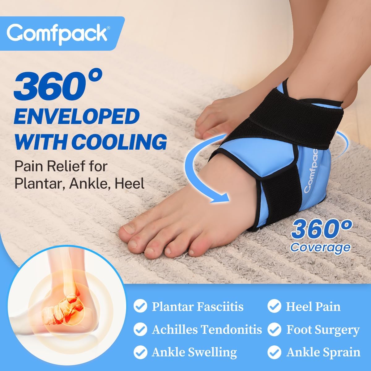 Heel Ice Pack Wrap for Plantar Fasciitis Relief, Ankle Ice Pack Wrap for Swelling, FSA Eligible, Reusable Gel Cold Pack for Foot Pain Relief, Achilles Tendonitis, Ankle Sprain, Heel Pain