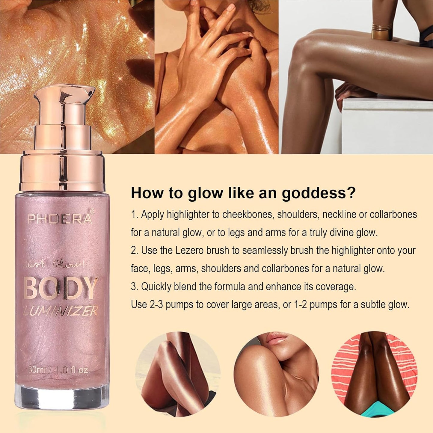 Body Shimmer Oil, Sparkle Pink Natural Glow Luminizer, Long Lasting Waterproof Moisturizing Liquid Illuminator Highlighter Makeup for a Sun-Kissed Glow, Brush Include, 1oz, Fair
