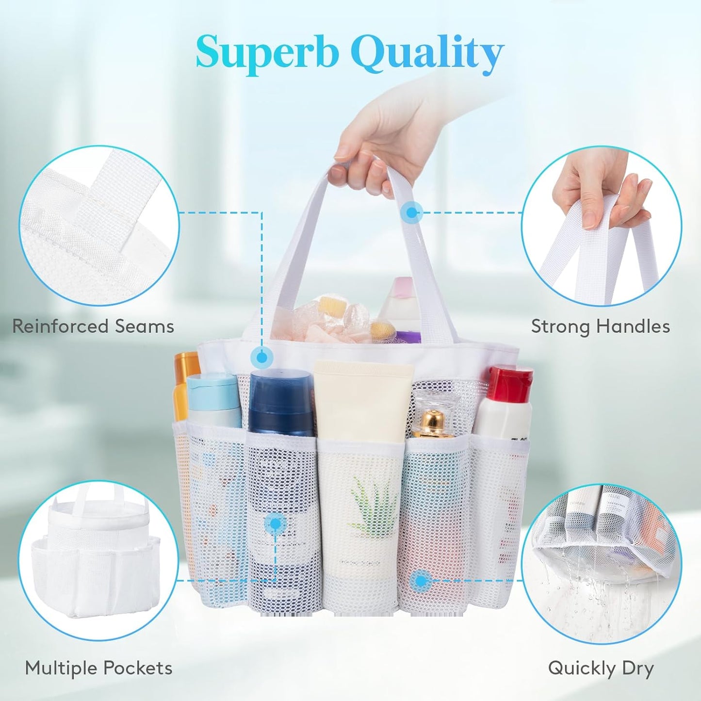 Lifewit Mesh Shower Caddy Freestanding Portable Shower Tote Bag for College Dorm, Bathroom, Gym, Travel, Quick Dry Hanging Shower Organizer with 7 Storage Pockets for Toiletry Essentials, White