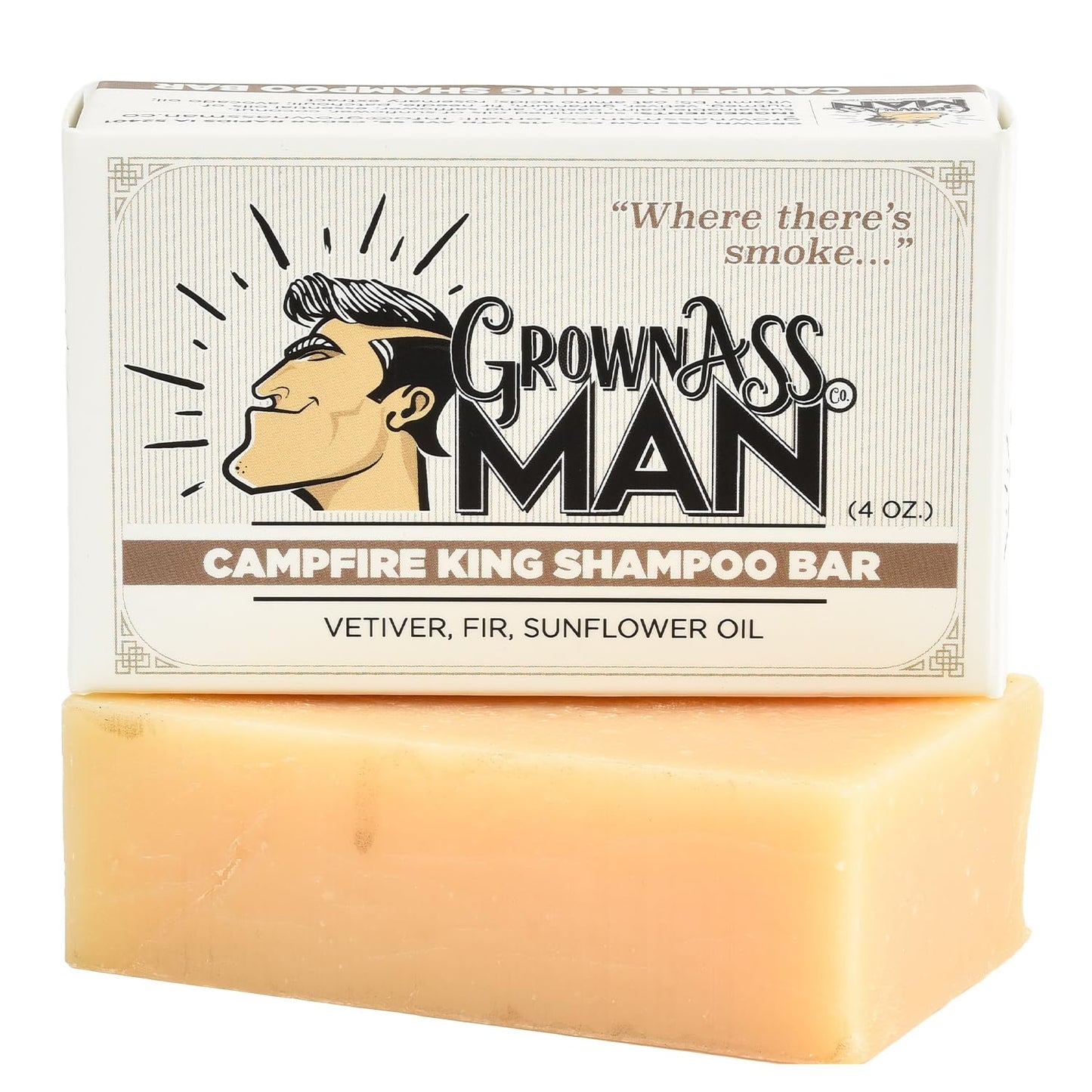 Grown Ass Man Co. - Solid Shampoo Bar Rich Lather 3 in 1: Hair, Beard & Body Wash - Plastic Free & Eco-Friendly, Natural & Organic Clean for All Hair Types, 4oz Bar (Campfire King, 6-Pack)