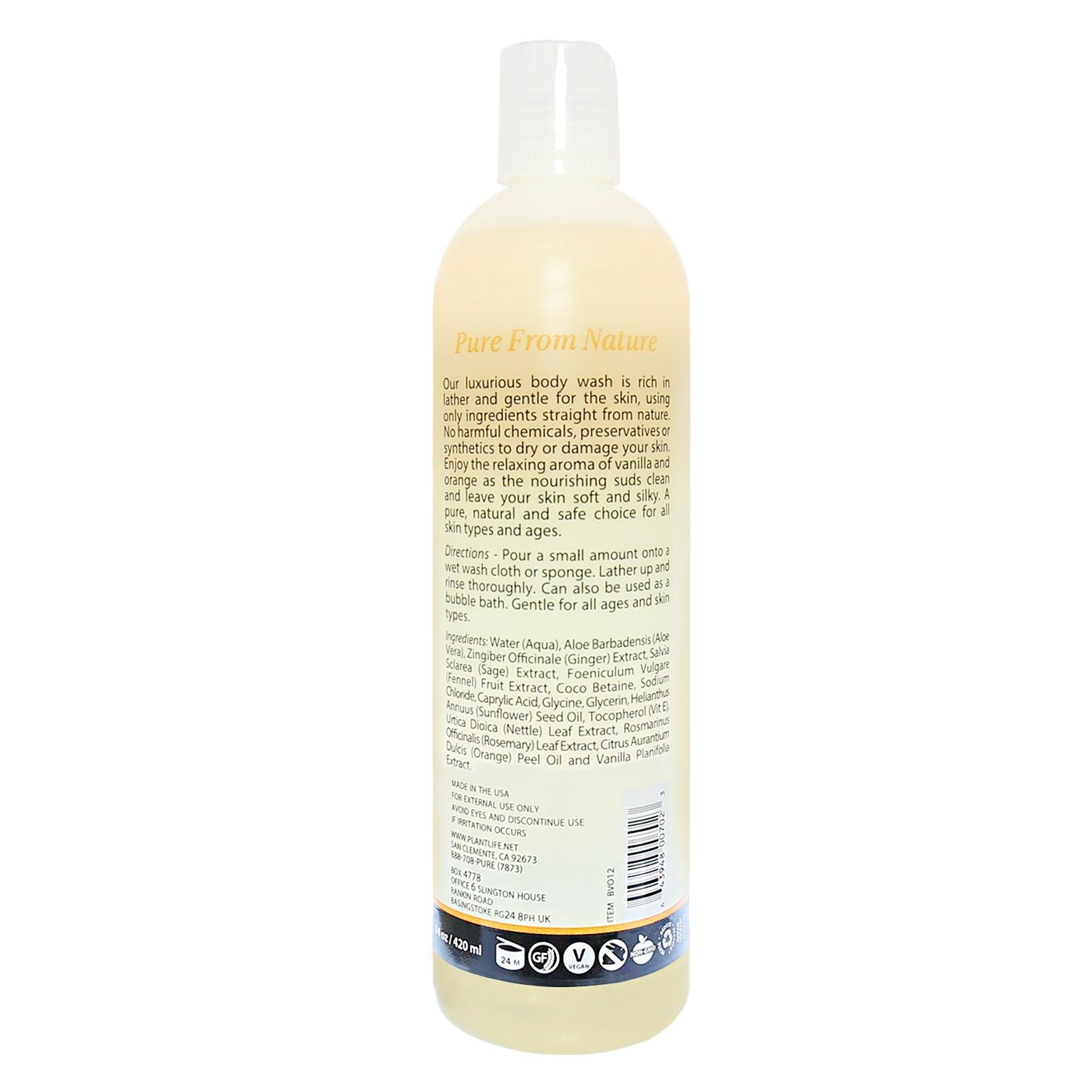 Plantlife Vanilla Orange Body Wash - GMO and Gluten Free Gentle and Moisturizing Body Wash That Contains Only Ingredients Straight from Nature - Manufactured in the USA 14 oz