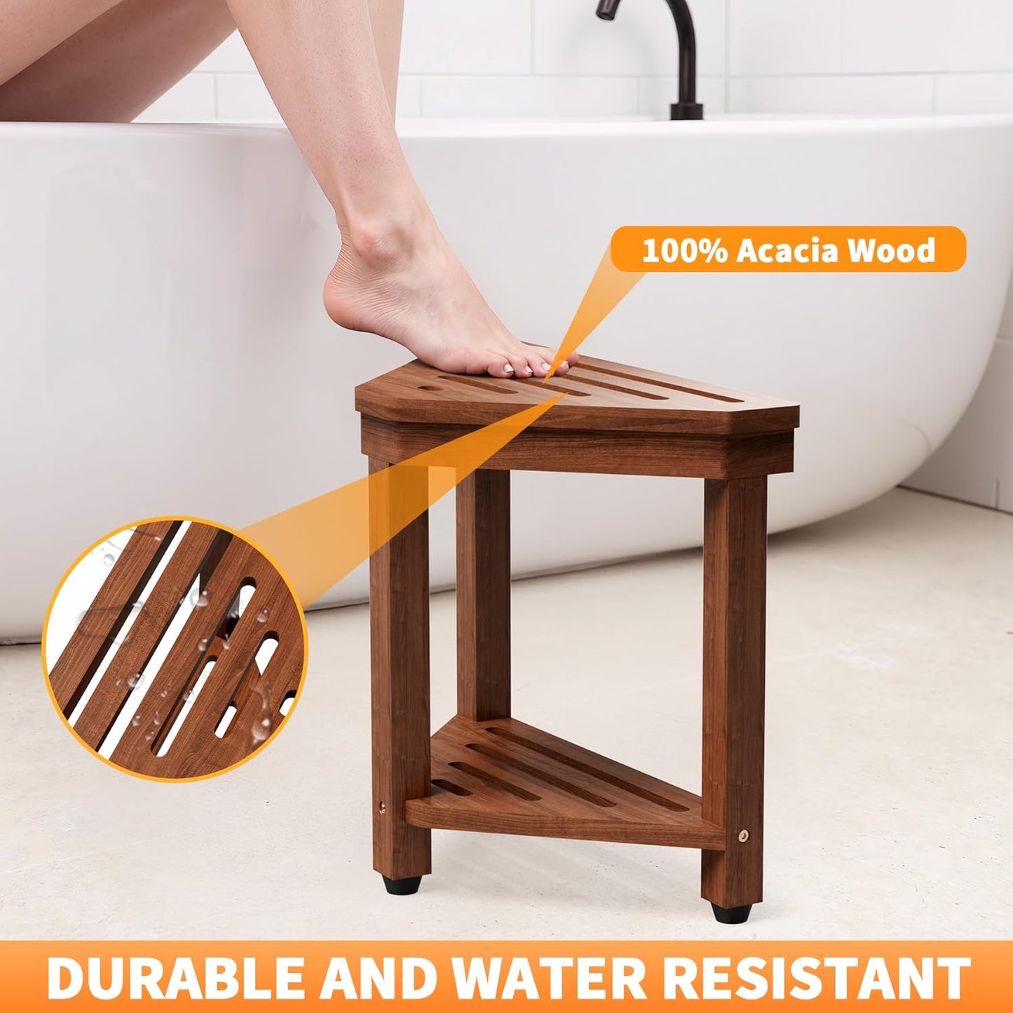 Shower Foot Rest 15 in, Acacia Shower Stool for Shaving Legs,Corner Bath Shower Bench with Starage Shelf for Inside Small Shower Spaces