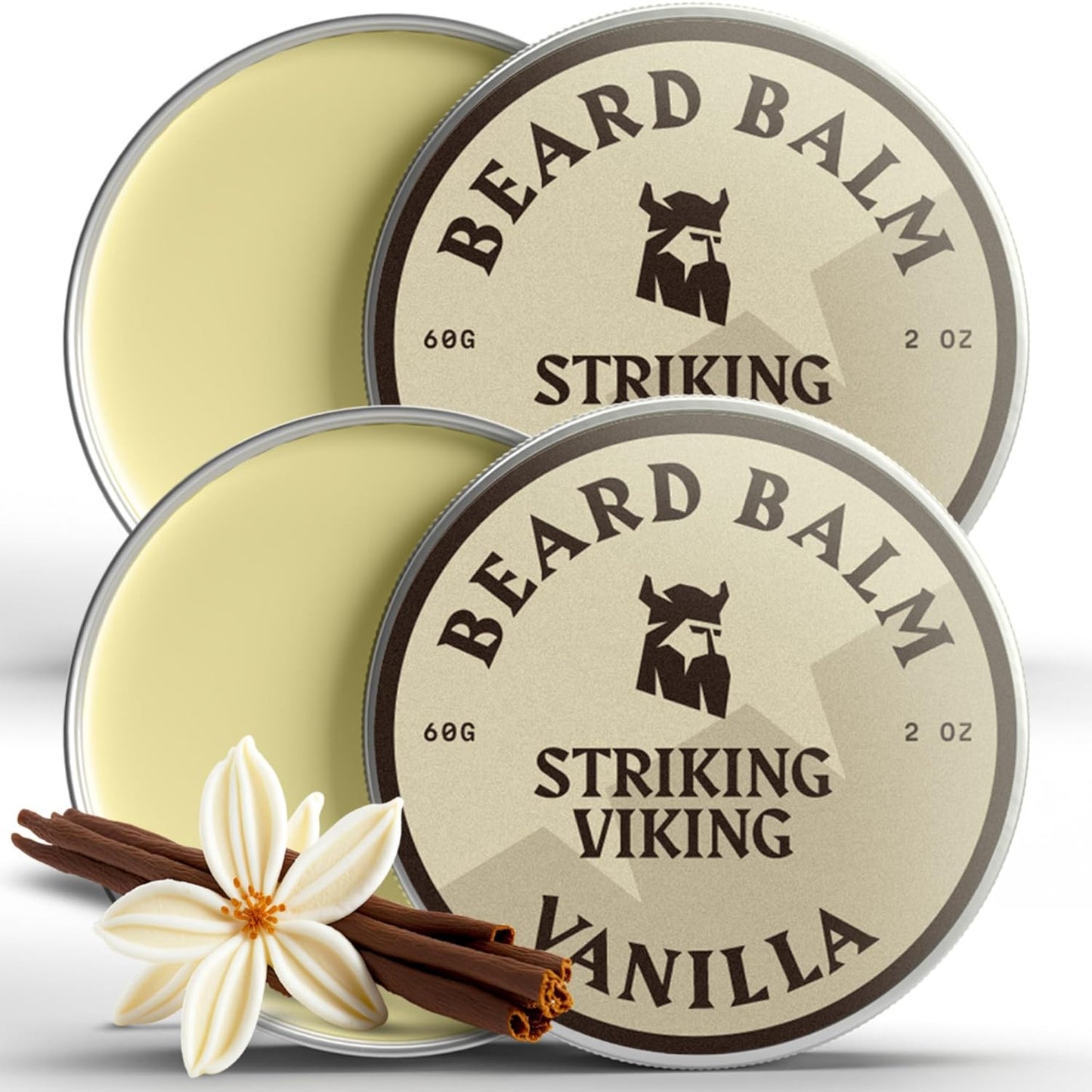 Striking Viking Beard Balm - 2 oz Pack of 2 Vanilla - Softens & Hydrates with Shea Butter & Jojoba Oil - Light Hold Leave-In Hair Conditioner - Itch Relief & Beard Growth with Tea Tree Oil