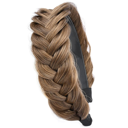 DIGUAN Wide Messy Braided Headband With Teeth Synthetic Hair Plaited Headband High Elasticity Braids Chunky Fishtail Braided Hair Band Hairpiece for Girls Women Beauty Accessory (Claybank)