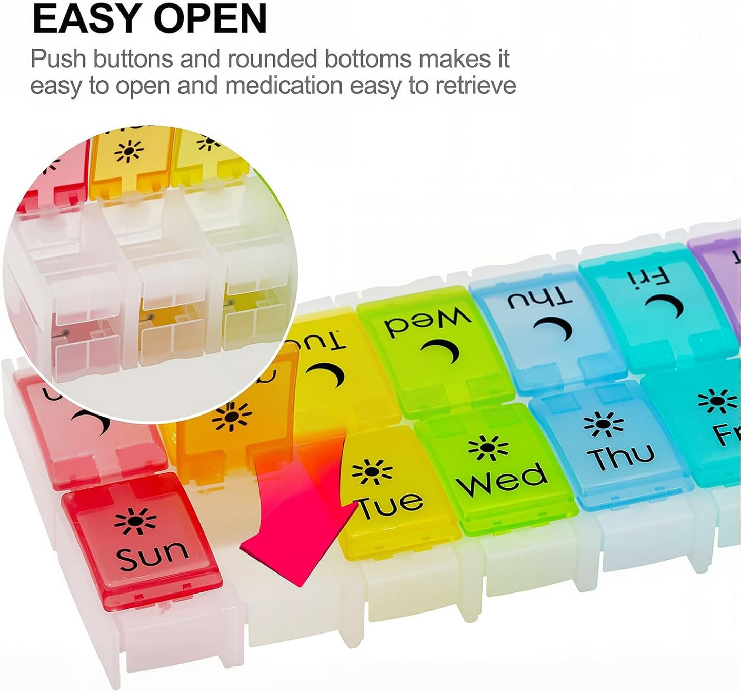 XL Large AM/PM Weekly Pill Organizer Arthritis Friendly, 2 Times a Day Pill Box with Spring Open Design, 7 Day Vitamin Case with Push Button Compartments (Clear)