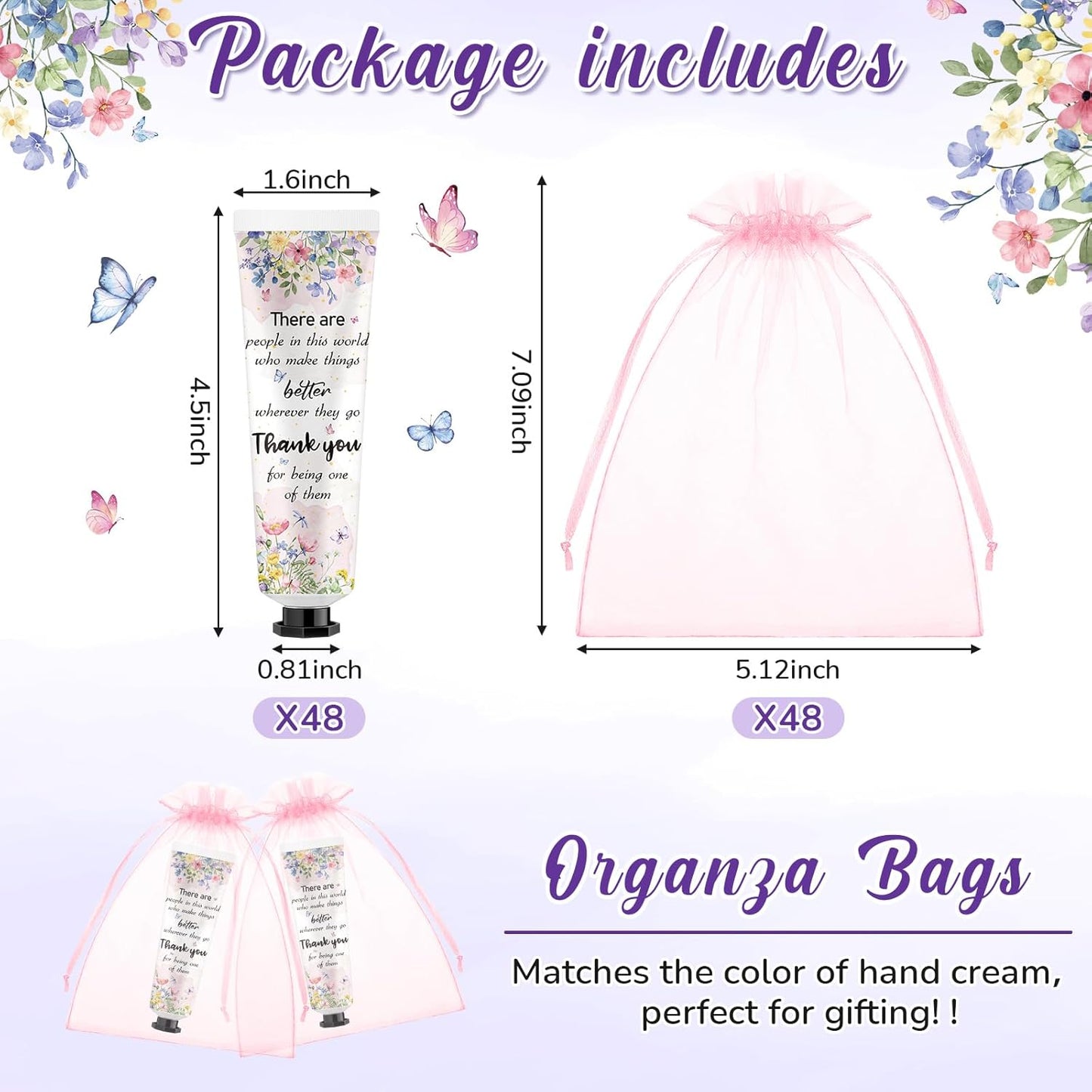 48 Sets Appreciation Thank You Hand Cream Bulk Baby Shower Favors Gifts Bridal Thank You Hand Cream for Guests Travel Size Lotion with Organza Bags