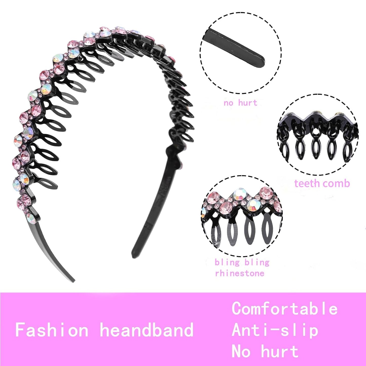 Rhinestone Headbands with Teeth Non Slip Tooth Comb Headband Sparkly Crystal Plastic Hairband High Elastic Hair Hoop Hair Accessories for Women Girls with 4PCS