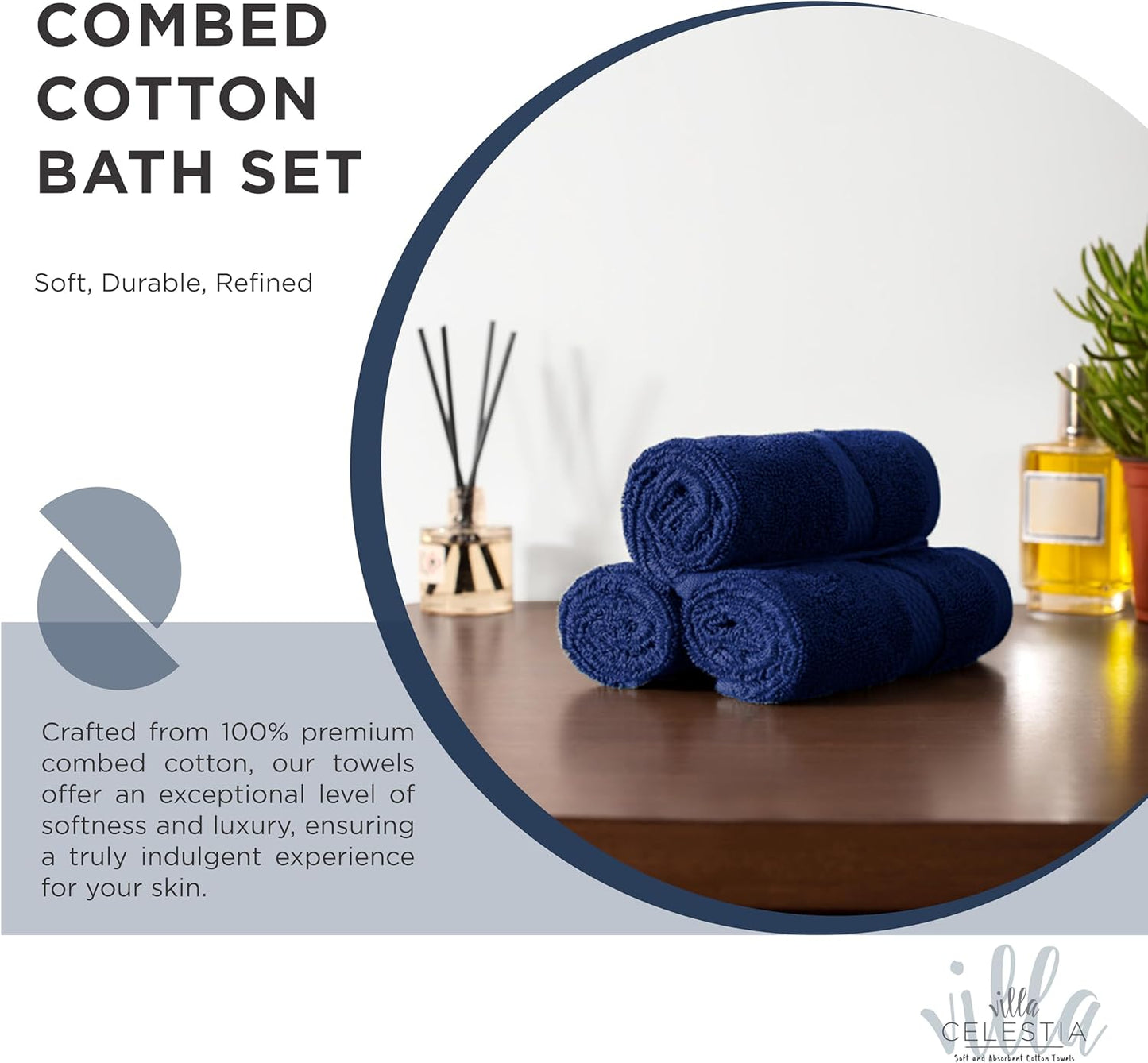 100% Cotton Bath Towel Set of 24-6 Bath Towels, 6 Hand Towels, 12 Wash Cloths, Sustainable, Soft, Highly Absorbent, Combed Cotton 24 Piece Set for Hotels, Spa, Bathroom, Dorm, Navy Blue