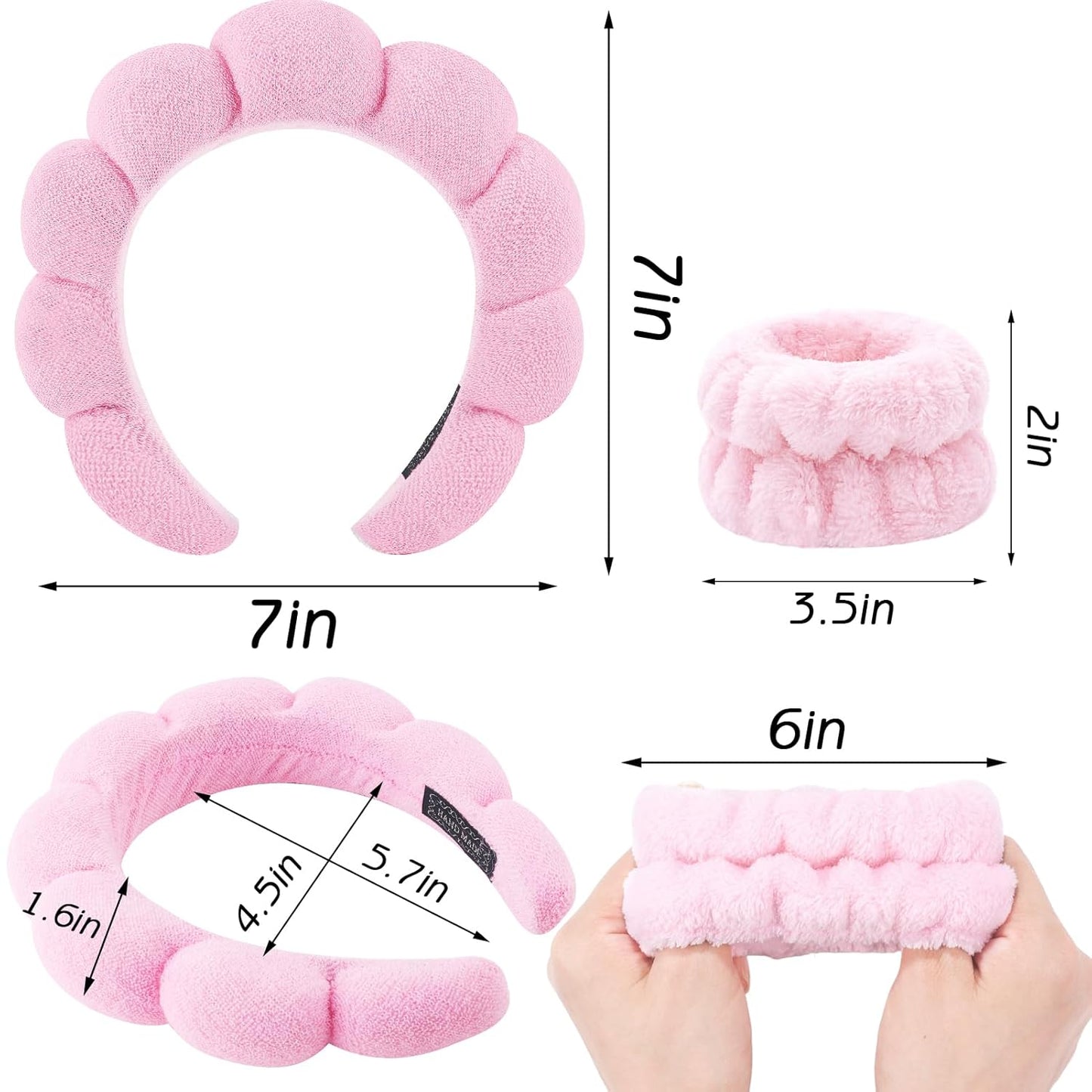 Zkptops Spa Headband for Washing Face Wristband Set Sponge Makeup Skincare Headband Terry Cloth Bubble Soft Get Ready Hairband Women Girl Puffy Padded Headwear Non Slip Thick Hair Accessory(Pink-2)