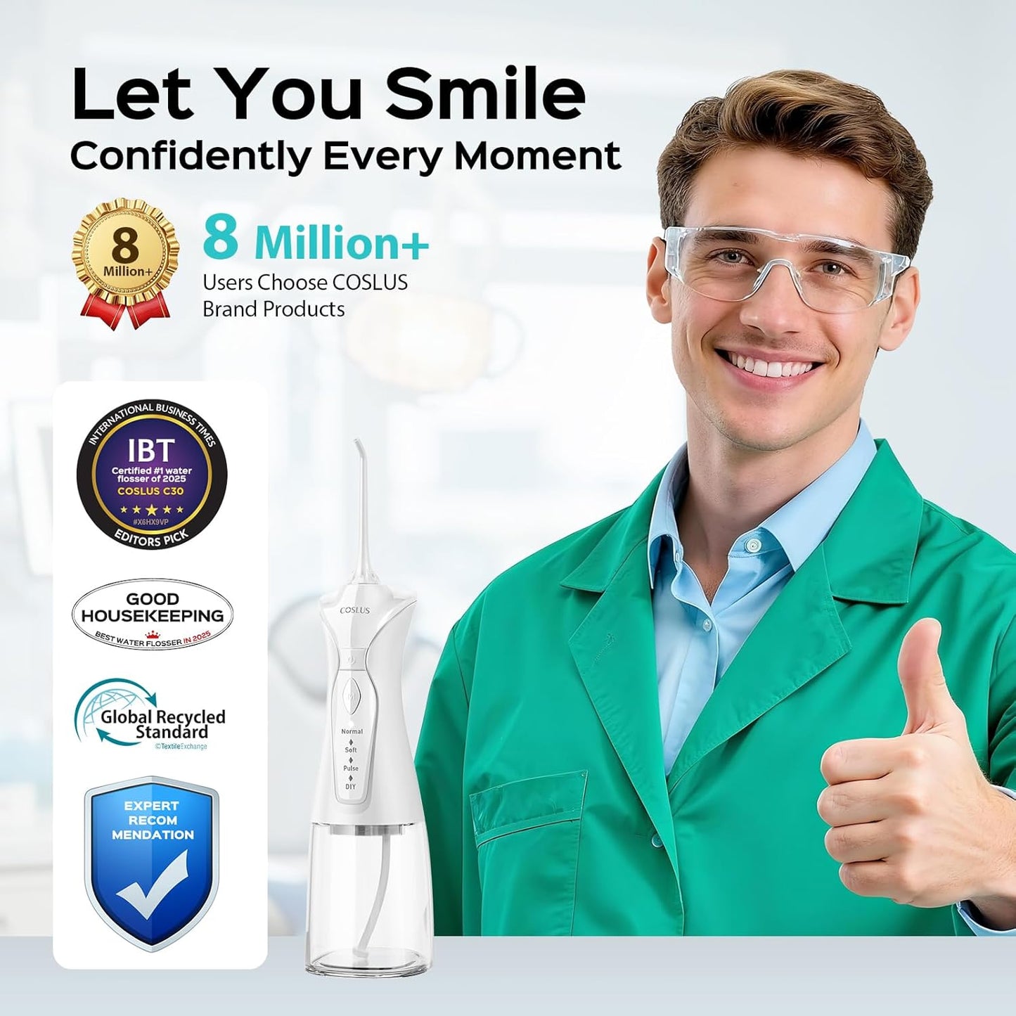 COSLUS Water Dental Flosser Pick for Teeth: 4 Modes Cordless Portable 300ML Larger Tank Water Teeth Cleaner IPX7 Waterproof Flossing Cleaning Picks for Home Travel White C30(FC5360)