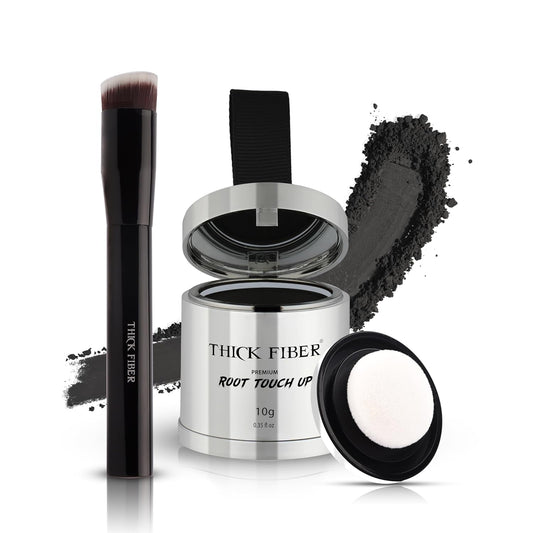 THICK FIBER Root Touch Up & Hairline Powder with Brush (LARGE 10g) – Covers Grey Roots, Thinning Hair & Bald Spots – Sweat & Water Resistant Hair Concealer for Women & Men (Black)