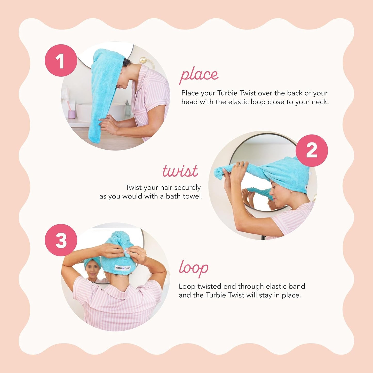 Turbie Twist 4-Pack Microfiber Hair Towel for Beauty, Travel, Gifting - Hair Wrap Turban for Straight, Wavy & Curly Hair - Premium Personal Care - Pink, Blue, Grey & White