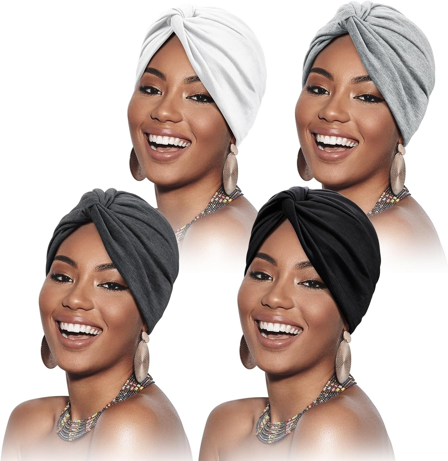 SATINIOR 4 Pieces Turbans for Women Soft Pre Tied Knot Fashion Pleated Cancer Turban Cap Chemo Headwrap Sleep Hat, 4 Colors