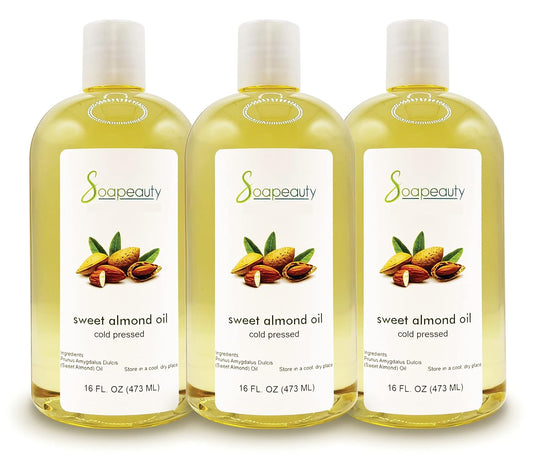 Soapeauty Sweet Almond Oil Cold Pressed Refined | 100% Pure Sweet Almond Oil Available in Bulk | Carrier for Essential Oils, Almond Oil for Skin, Face, and Hair, Soap Making | 48 fl oz (3 * 16 fl oz)